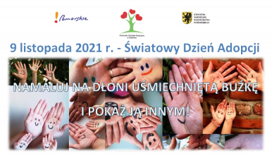 Namaluj uśmiechniętą buźkę na dłoni-plalkat  światowego dnia adopcji z dłońmi i namalowanymi na nich buźkami